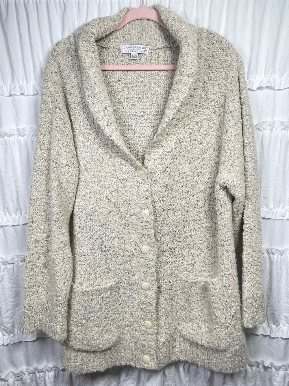 Vintage Carolyn Taylor Cardigan Sweater Womens XL Cream Marled Knit Shawl Collar